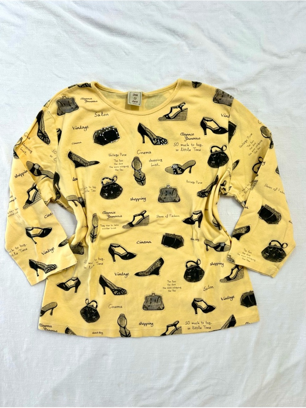 Vintage Yellow Novelty Print Top By Jess & Jane — Kitschy Nostalgic 3/4 Sleeve
